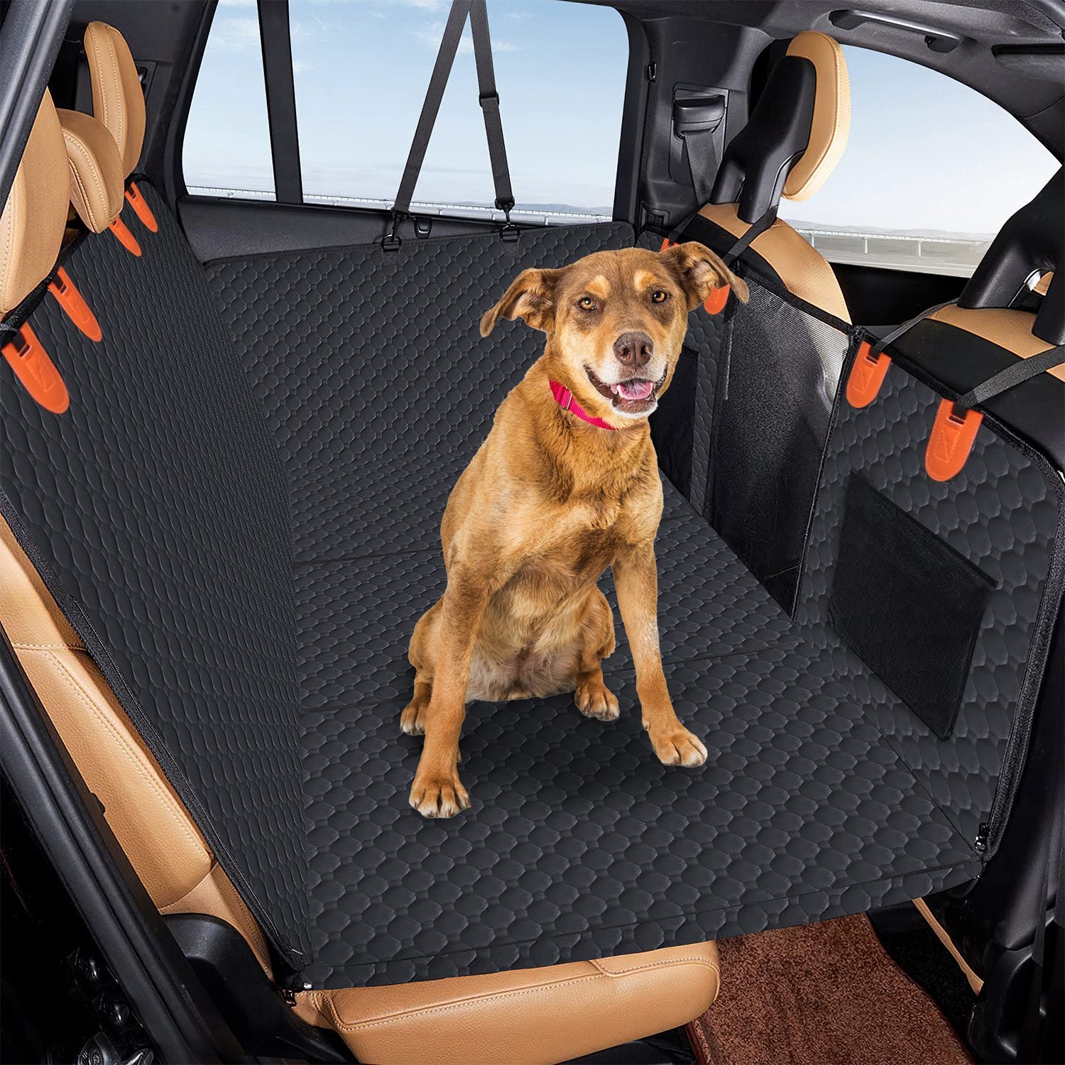 🔥 Premium Waterproof Dog Car Seat Cover – Mesh Window, Storage Pockets & Universal Fit